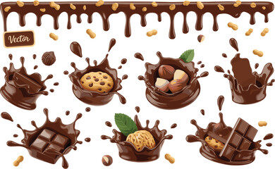 Collection of chocolate splash illustrations with cookies, nuts, bars, and drips, perfect for packaging, branding, advertising, dessert promotions, and food design projects