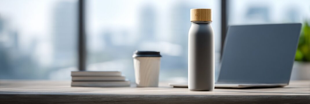 Modern workspace essentials featuring sleek reusable water bottle, takeaway coffee cup, and laptop on minimalist desk with blurred city background