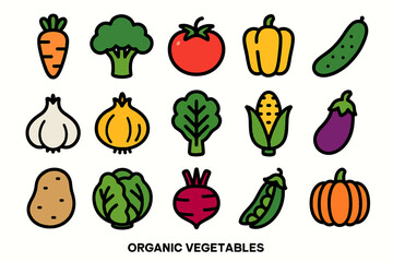 Colorful organic vegetables icons: carrot, broccoli, tomato, peas, pumpkin, corn, more