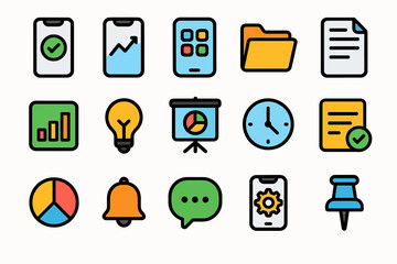 Colorful icon set featuring smartphones, documents, charts, and tools