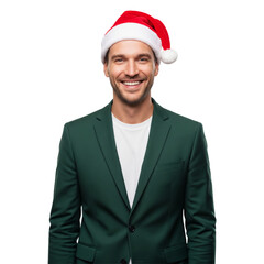 Smiling businessman crossed arms and wearing a santa hat isolated white or transparent background