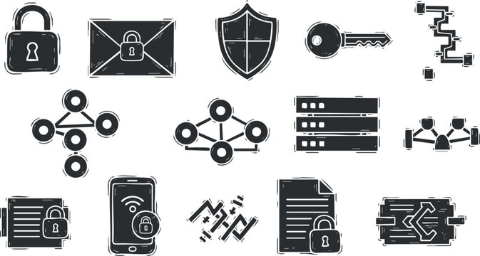 A collection of security icons including lock, envelope, shield, key, and data network in black and white minimalist vector style, suitable for technology and cybersecurity projects