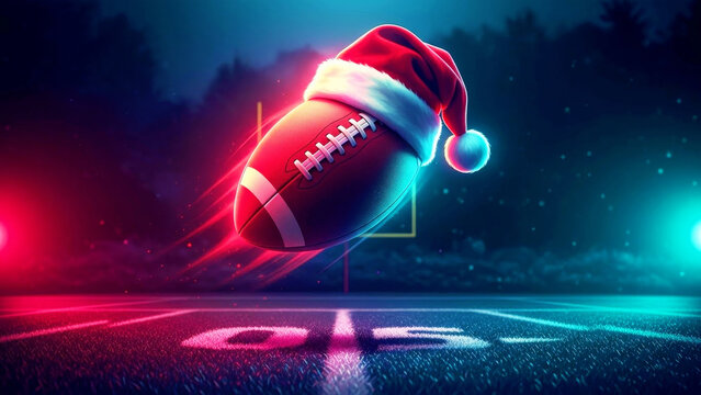 American football wearing a Santa hat floating over a vibrant, neon-lit field. Christmas sport championship creative concept illustration.