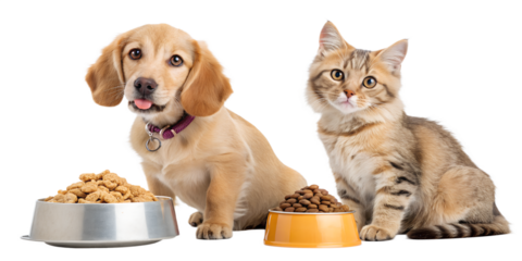 Cute domestic pets eating dry pet food from bowls — a playful  dog and an cat sit together and enjoy their meal. Realistic lighting, high-detail fur, soft shadows, commercial studio style, isolated on