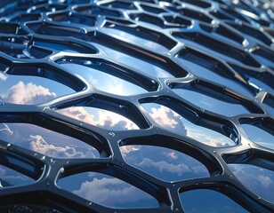Fototapeta premium Futuristic Hexagonal Structure Reflecting Sky and Clouds.