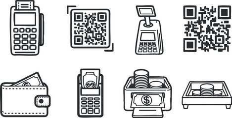 A collection of payment and finance-related icons including calculators, QR codes, wallets, and cash registers in black outline vector style, suitable for financial services and e-commerce branding