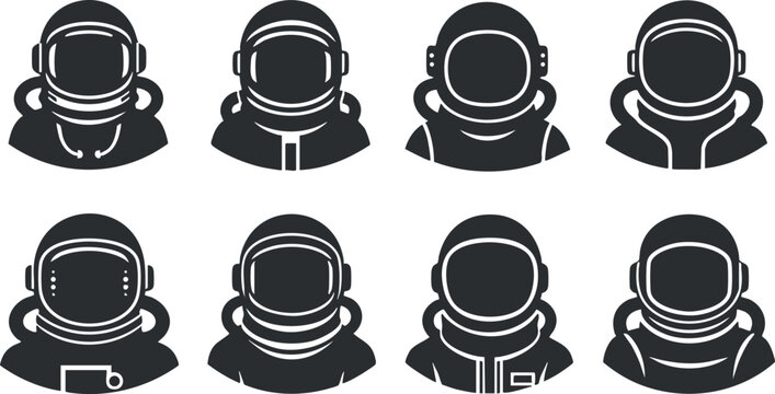 A set of eight astronaut helmet icons in black and white vector style, ideal for space-themed designs and illustrations