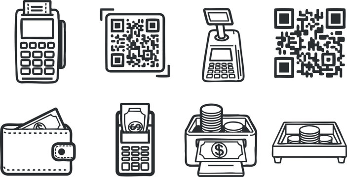 A collection of payment and finance-related icons including calculators, QR codes, wallets, and cash registers in black outline vector style, suitable for financial services and e-commerce branding
