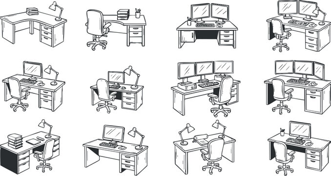 A collection of various office desk setups and workstations in black and white outline vector style, ideal for workspace design and productivity themes