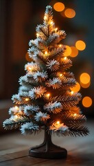 A small christmas tree with lights sits on a wooden floor indoors