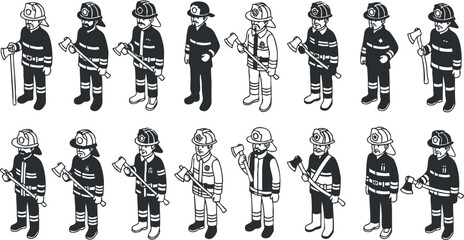 A set of firefighter characters in black and white cartoon vector style, suitable for educational materials and emergency services branding