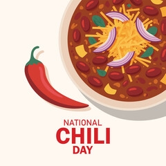 National Chili Day vector illustration. Chili con carne bowl vector illustration. Traditional Mexican spicy dish with meat, beans and cheese drawing. The fourth Thursday in February. Important day