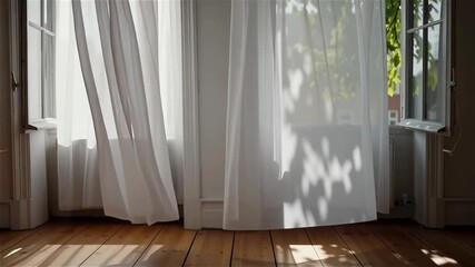 Sheer white curtains billowing in sunlit window - Powered by Adobe