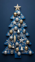 A Festive Blue Christmas Tree with Gold and Silver Ornaments