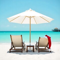 Christmas vacation on a tropical beach with lounge chairs and santa hat