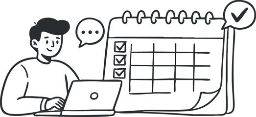 A person working on a laptop with a calendar and checklists in modern black and white vector style, suitable for productivity and planning themes