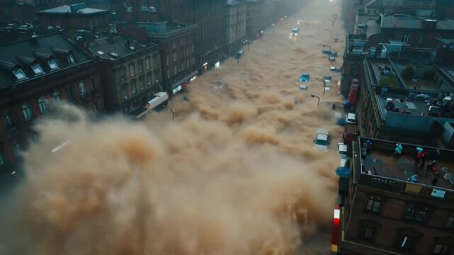 Drone footage of a flooded river caused a damage in a city under cloudy sky huge natural disaster destroyed catastrophic heavy water
