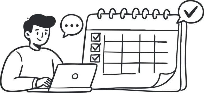 A person working on a laptop with a calendar and checklists in modern black and white vector style, suitable for productivity and planning themes