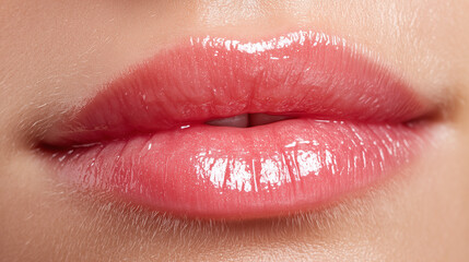 Obraz premium Close up of glowing lips with nourishing balm applied, showing smooth, hydrated, and healthy skin texture, highlighting natural beauty and softness in gentle, fresh style