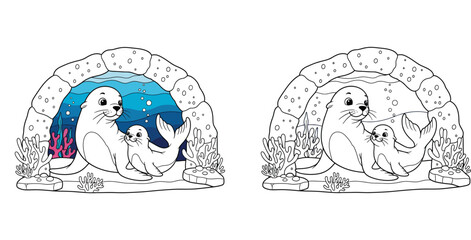 Cute cartoon mother seal and baby pup under an underwater rock arch, black and white line art characters with blue ocean background vector illustration