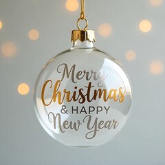 Clear christmas ornament with merry christmas and happy new year message
