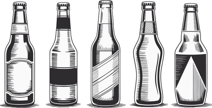Collection of hand-drawn beer bottles with various label designs, vintage engraving style, ideal for brewing, packaging, branding, bar menus, and illustrations