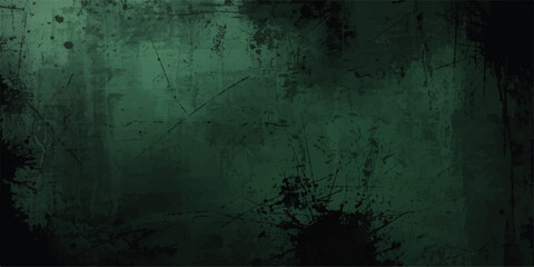 Fototapeta premium Grunge Decorative dark foresty green Dark Stucco Wall Background. scratches, and faded paint. Softly lit center and dark edges with a moody, industrial, vintage, cinematic look in deep emerald tones.