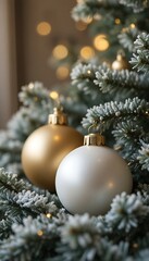 Closeup of a christmas tree with white and gold ornaments and bokeh lights