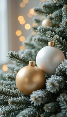 Closeup of a christmas tree with white and gold ornaments and bokeh lights