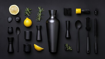 Overhead shot of various bar tools and ingredients, including lemons, rosemary, and black utensils, arranged symmetrically on a black surface.