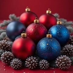 Festive arrangement of red and blue christmas ornaments with pine cones
