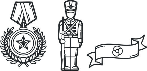 A military medal, soldier figure, and ribbon banner in black outline vector style, suitable for commemorative designs and military themes