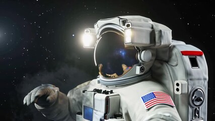 Full portrait of Caucasian female astronaut during spacewalk, space background blur close up from spaceship contemplating the beauty and vastness of space technology exploration - Powered by Adobe