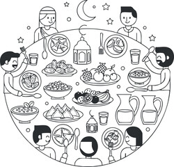 A festive dining scene featuring diverse foods and drinks in black and white vector style, ideal for cultural event illustrations