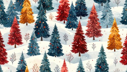 Vibrant Watercolor Christmas Trees Pattern in Snowy Winter Landscape.