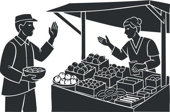 A scene of a market vendor selling fruits and vegetables to a customer in black and white minimalist vector style, perfect for food and agriculture projects