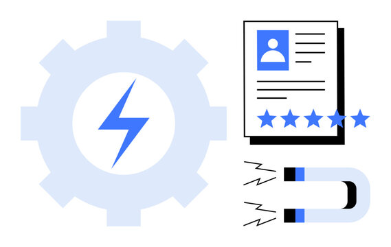 Gear with lightning bolt, candidate profile with ratings, and magnet attracting symbols. Ideal for hiring strategies, employee management, customer engagement, marketing, workforce solutions