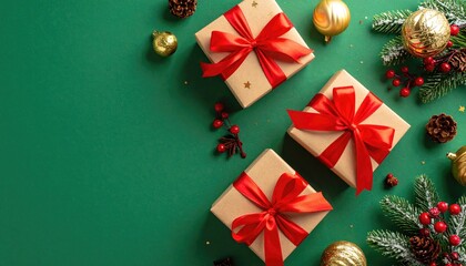 Festive Christmas Gifts and Decorations Arranged on a Green Background.