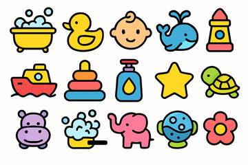 Obraz premium Colorful cartoon baby icons: bath time, toys, animals, and shapes