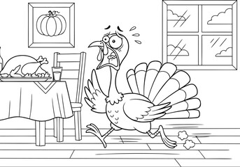 Amusing cartoon turkey fleeing a festive meal engaging holiday coloring pages for children