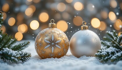 Festive christmas background with ornaments and confetti on green surface