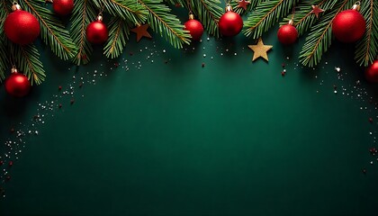Festive christmas background with ornaments and fir branches on dark green