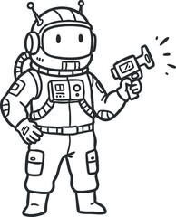 Fototapeta premium A cartoon astronaut holding a futuristic gun in a playful outline vector style, suitable for children's books or games