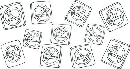 A collection of no smoking signs and symbols in black and white outline vector style, suitable for public health campaigns