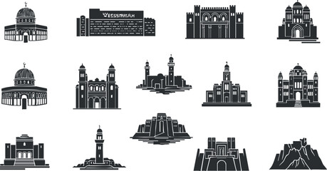 Fototapeta premium A collection of iconic buildings and landmarks in black and white vector style, perfect for travel and tourism designs