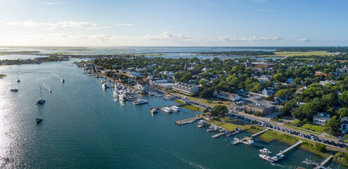 Aerial panoramic view of Beaufort, North Carolina and waterfront.
