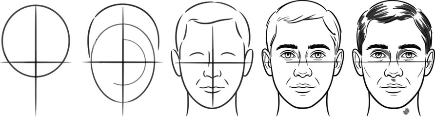 Step-by-Step Male Face Drawing Tutorial – Artistic Construction from Geometric Guidelines to Realistic Portrait with Shading and Detail