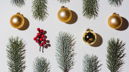 Fototapeta premium Creative Christmas Flat Lay with Pine Branches Gold Baubles and Red Berries on White