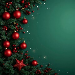 Festive christmas background with red ornaments and pine branches on green