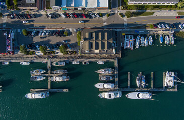 Aerial top down view of marina and downtown area of Beaufort, North Carolina.